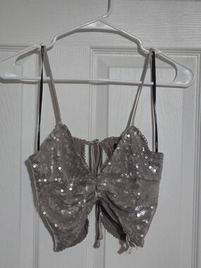 Forever 21 Taupe Sequin Lace Bow-Front Crop Top